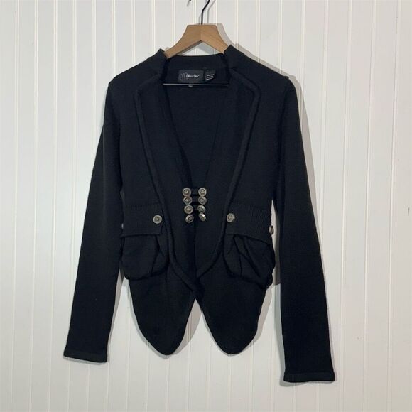 Miss Me Black Military Style Knit Jacket Size S Double Breasted Pockets Belted - Picture 1 of 9